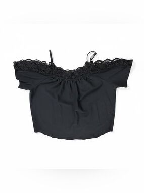 Women’s Lace Shoulder Black Top, Relaxed Fit, Size XL, Short Sleeve